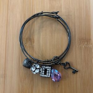 Black Charm Bangle Bracelet with Purple Crystal Teardrop